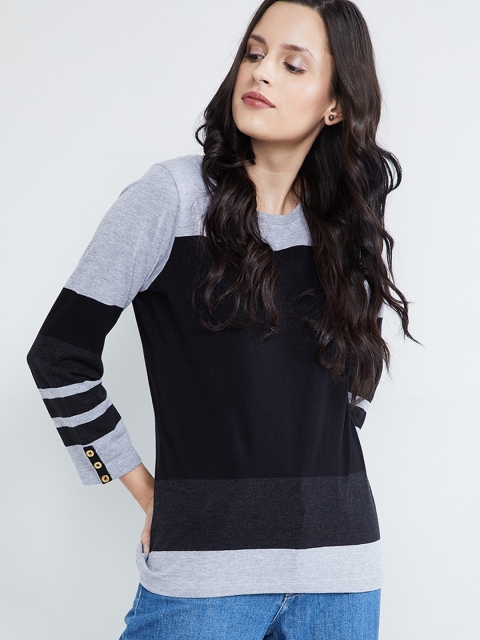 

max Women Black & Grey Colourblocked Round Neck T-shirt
