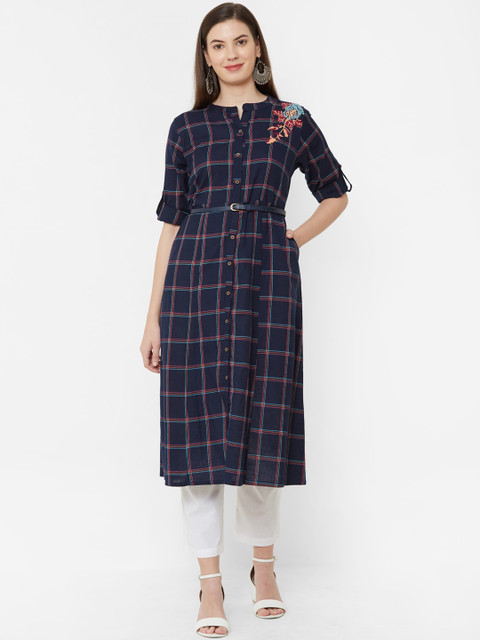 

Juliet Women Navy Blue Checked A-Line Kurta