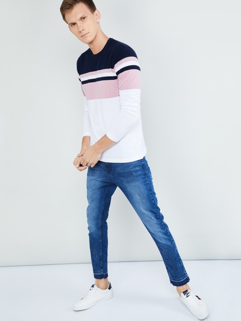 

max Men White & Navy Blue Colourblocked Round Neck T-shirt