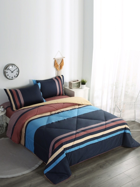 

URBAN DREAM Blue & Brown Striped Printed Cotton Bedding Set