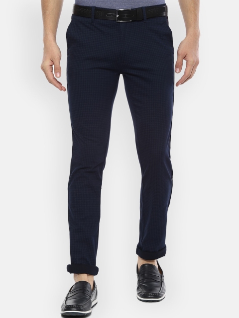 

V Dot Men Navy Blue Slim Fit Checked Regular Trousers