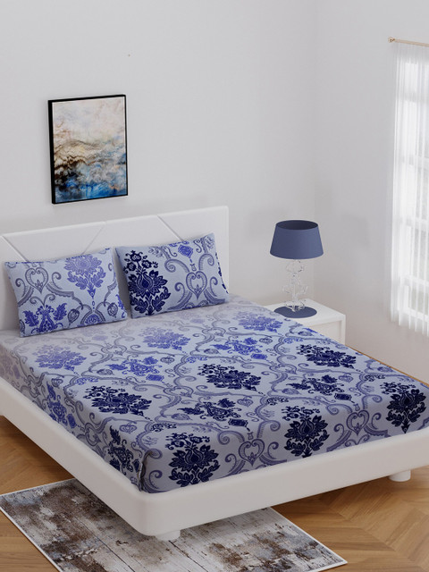 

BOMBAY DYEING Blue Floral 300 TC Cotton 1 King Bedsheet with 2 Pillow Covers