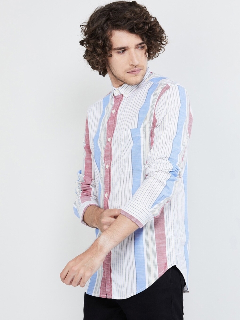 

max Men White & Blue Slim Fit Striped Casual Shirt