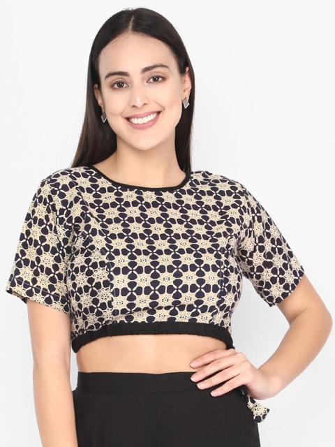 

Molcha Women Black & Beige Printed Readymade Ajrak Saree Blouse