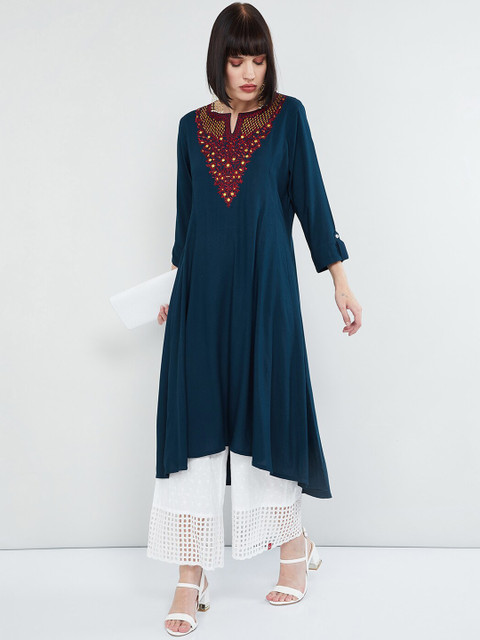 

max Women Navy Blue Yoke Design A-Line Kurta
