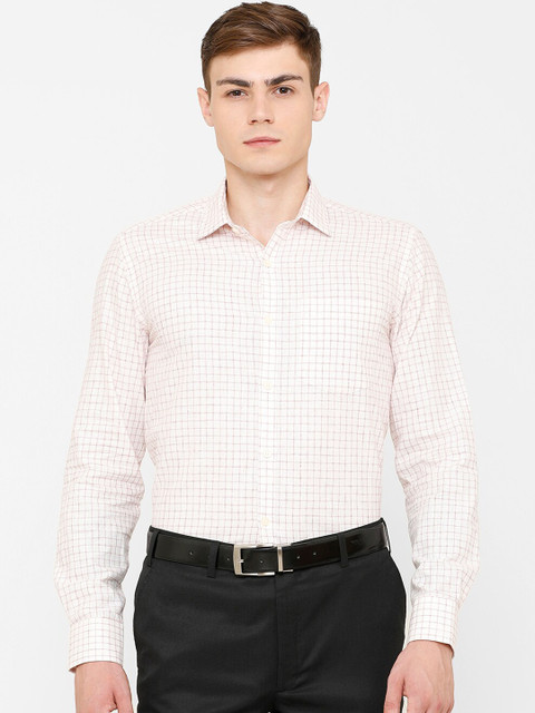 

CAVALLO by Linen Club Men Cotton Linen Off-White & Brown Regular Fit Checked Formal Shirt