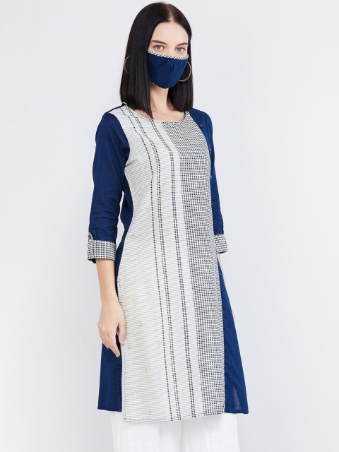 max Women Blue & White Printed Straight Kurta