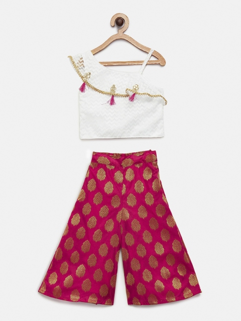 

MANY FROCKS & Girls White & Pink Self Design Top with Palazzos