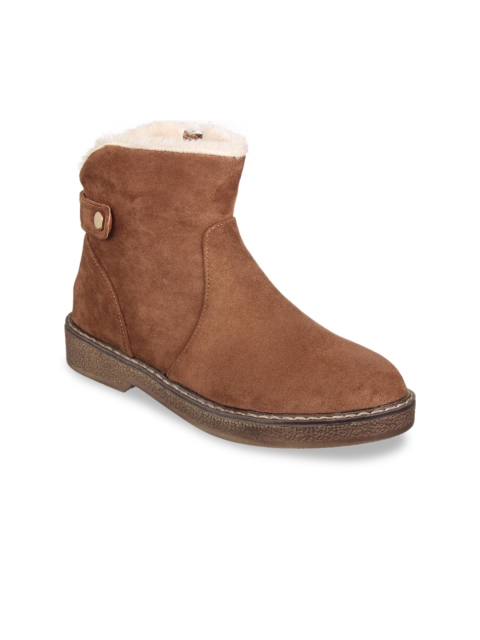 

Flat n Heels Women Tan Brown Solid Suede High-Top Flat Boots
