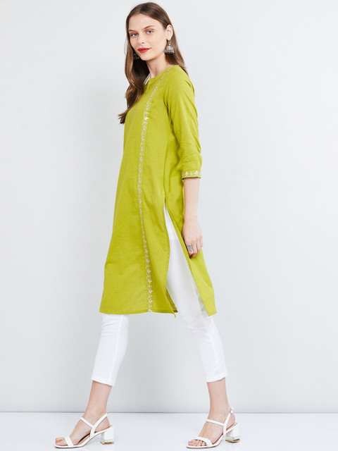 

max Women Lime Green Embroidered A-Line Kurta