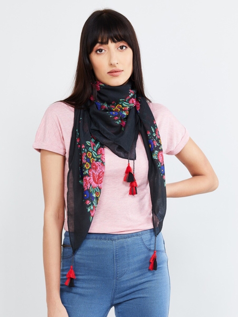 

max Women Charcoal Grey & Pink Floral Printed Scarf