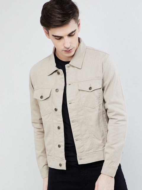 

max Men Beige Solid Denim Jacket