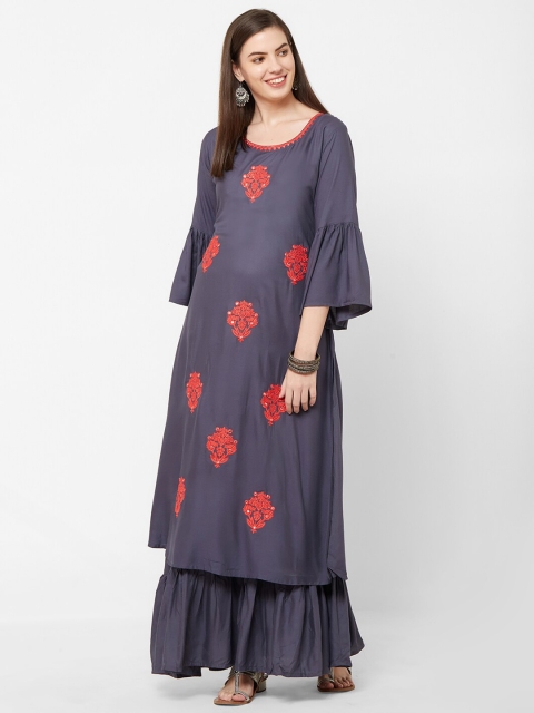 

Juliet Women Grey & Red Embroidered A-Line Kurta