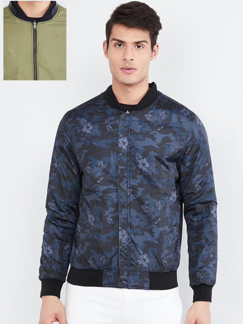 

max Men Navy Blue & Olive Green Solid Reversible Bomber Jacket