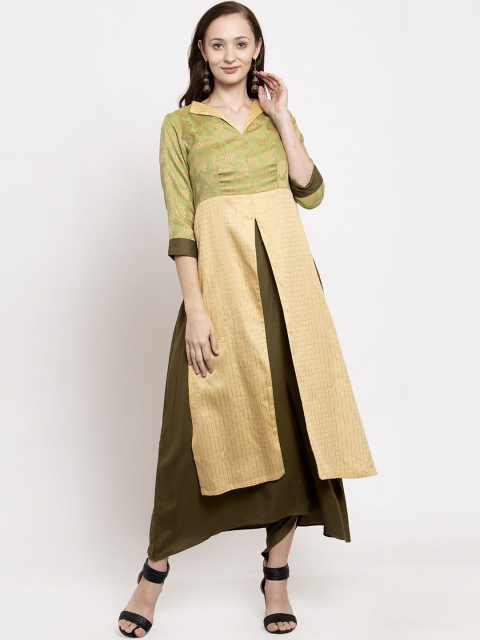 

DUGRI BE THE ONE Women Green & Gold-Toned Woven Design Kayered Anarkali Kurta