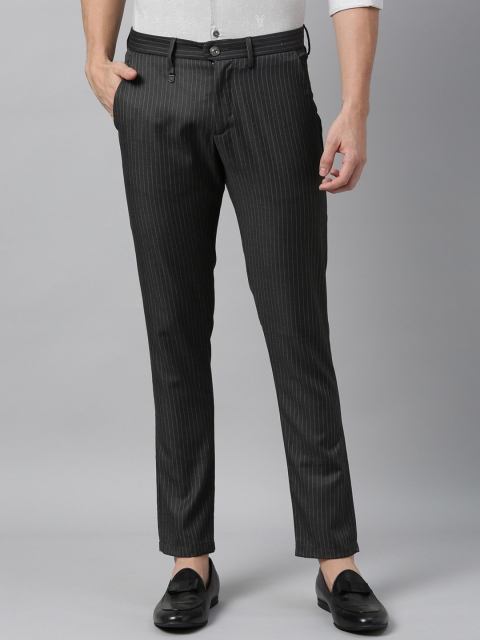 RARE RABBIT Men Grey Slim Fit Striped Formal Trousers