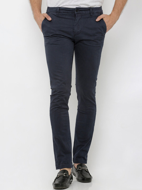 

Rex Straut Jeans Men Navy Blue Slim Fit Checked Chinos