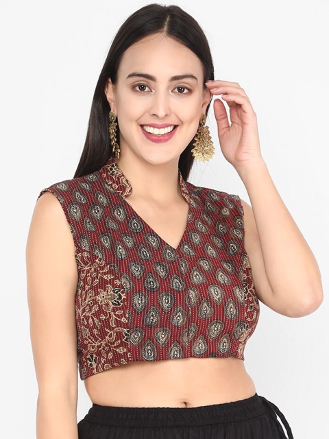 Molcha Women Brown & Black Printed Cotton Saree Blouse