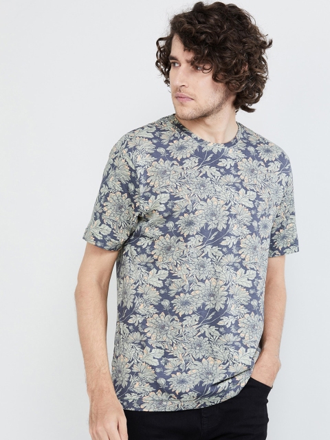 

max Men Blue Printed Round Neck T-shirt