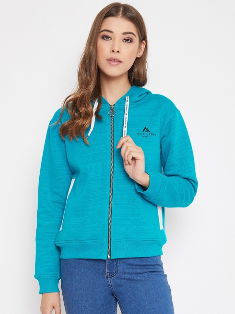 AGIL ATHLETICA Women Turquoise Blue Printed Hooded Bomber