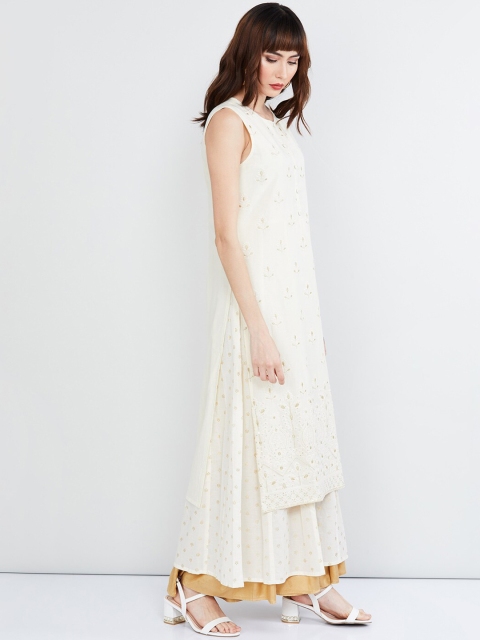 

max Women Off-White & Gold Embroidered Straight Kurta