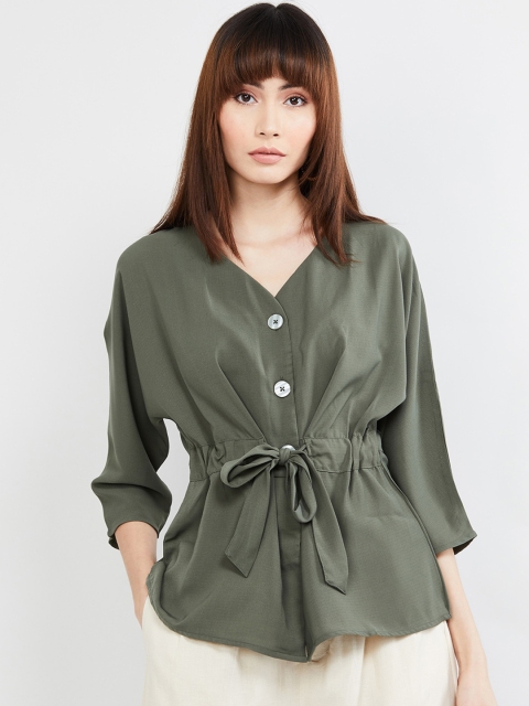 

max Women Olive Green Solid Cinched Waist Top