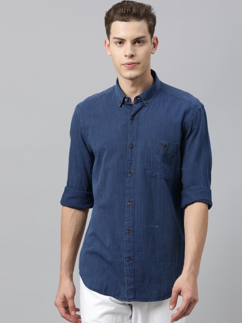 RARE RABBIT Men Navy Blue Tailored Fit Striped Casual Shirt