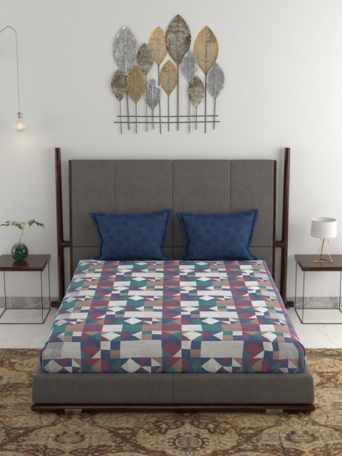 

Trident Blue & White Geometric 130 TC Cotton 1 Queen Bedsheet with 2 Pillow Covers