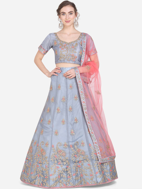 

Mitera Blue & Peach-Coloured Embroidered Unstitched Lehenga & Blouse with Dupatta