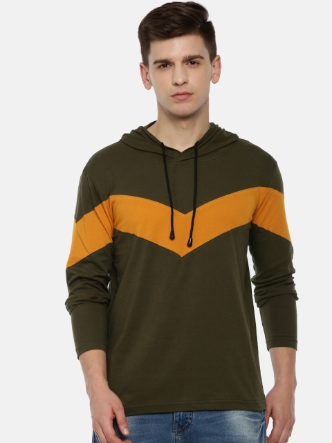 

KAY DEE Men Olive Green Mustard Yellow Colourblocked Hood Pure Cotton T-shirt