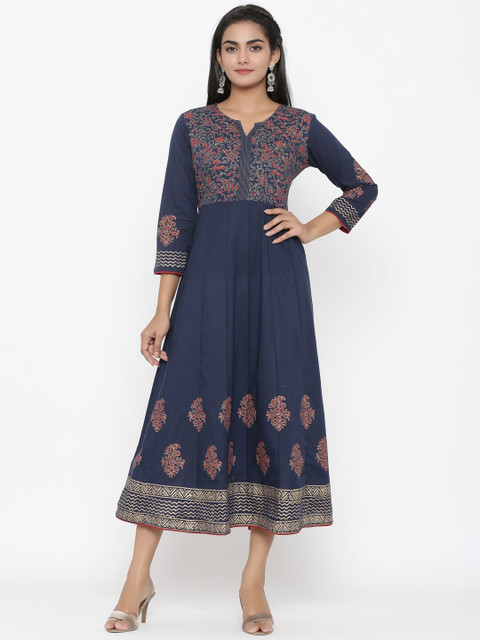 

Yufta Women Navy Blue & Gold Floral Printed Empire Dress