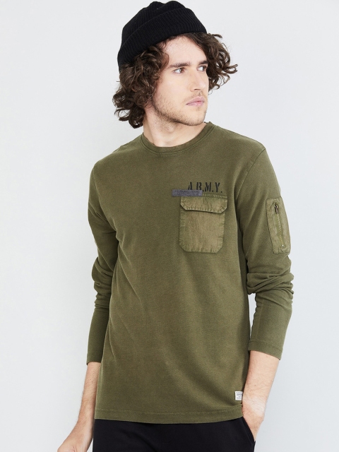 

max Men Olive Green Solid Round Neck T-shirt