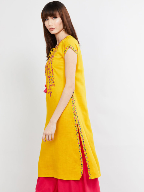 

max Women Yellow Embroidered A-Line Kurta