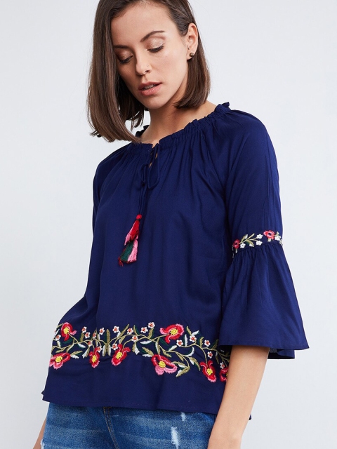 

max Women Blue Embroidered A-Line Top