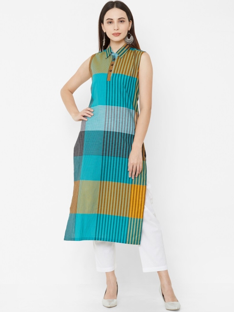 

Os Women Blue & Yellow Striped Straight Kurta