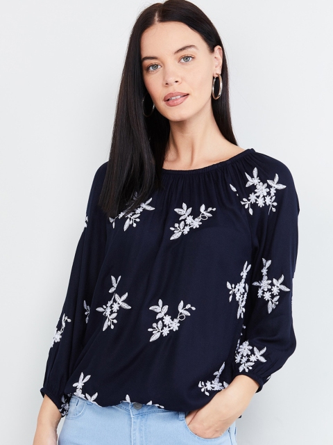 

max Women Navy Blue Embroidered Top