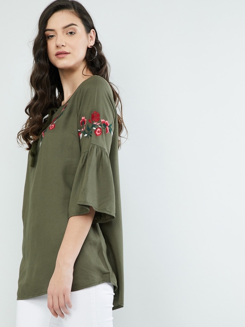 

max Women Olive Green Embroidered Top