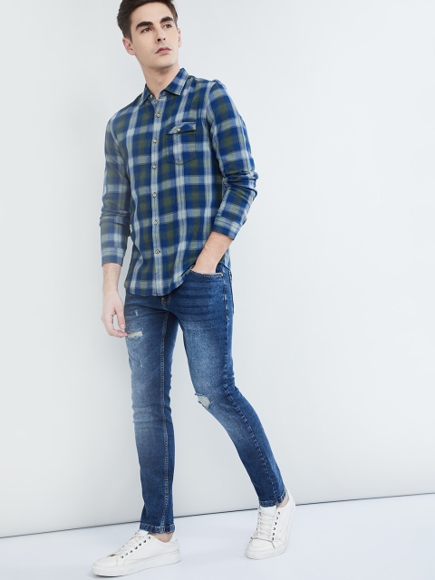 

max Men Green & Navy Blue Regular Fit Checked Casual Shirt