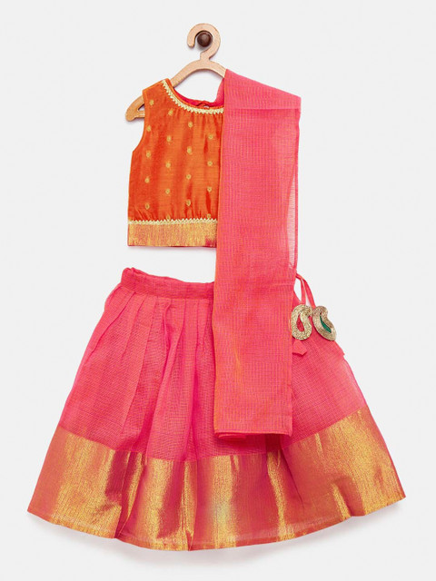 

MANY FROCKS & Girls Orange & Pink Self Design Top with Skirt