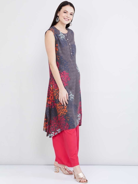 

max Women Grey & Orange Printed Straight Kurta