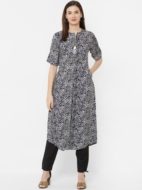 

Juliet Women Blue & Off-White Printed A-Line Kurta