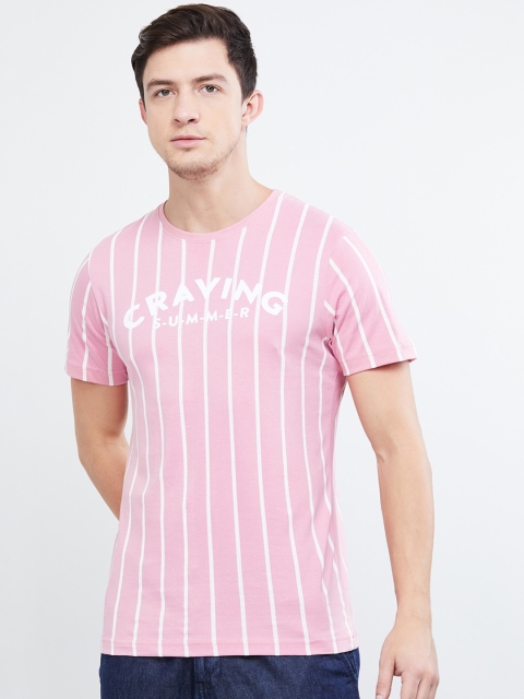 

max Men Pink Striped Round Neck T-shirt