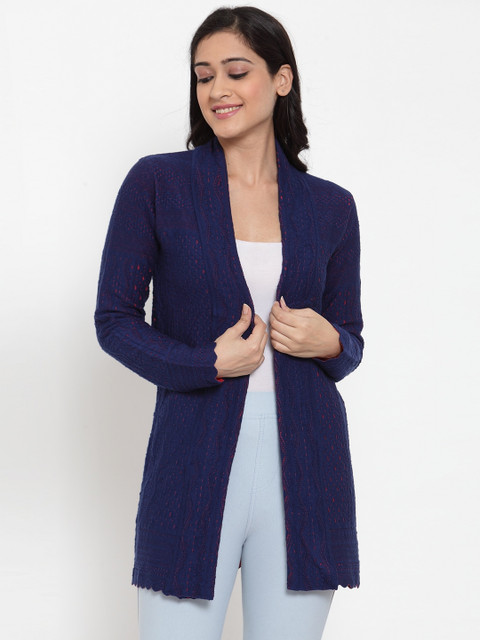 

Kalt Women Navy Blue Self Design Front-Open Sweater