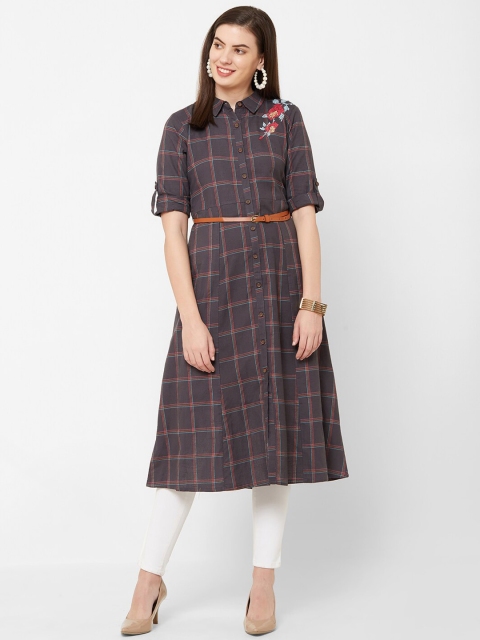 

Juliet Women Grey & Red Checked A-Line Kurta
