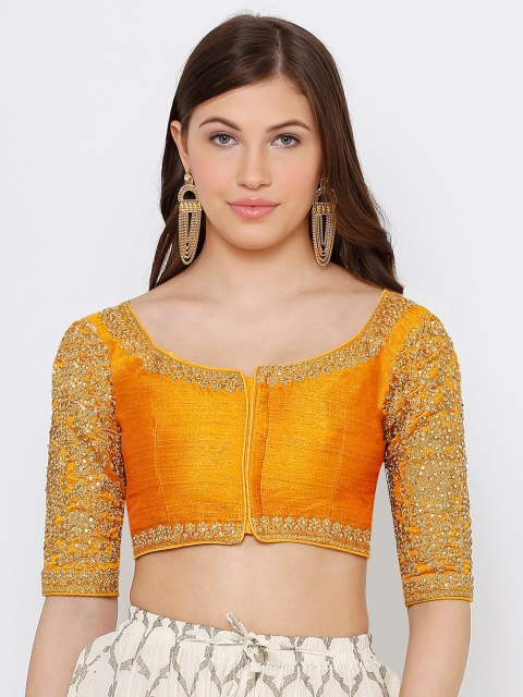 

SALWAR STUDIO Women Yellow & Gold-Coloured Embroidered Padded Saree Blouse