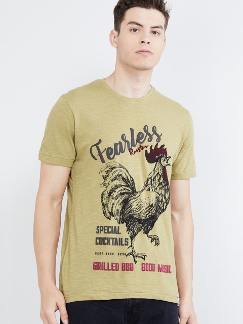 

max Men Khaki Printed Round Neck T-shirt