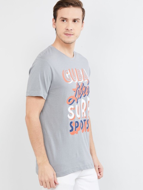 

max Men Grey Printed Round Neck T-shirt