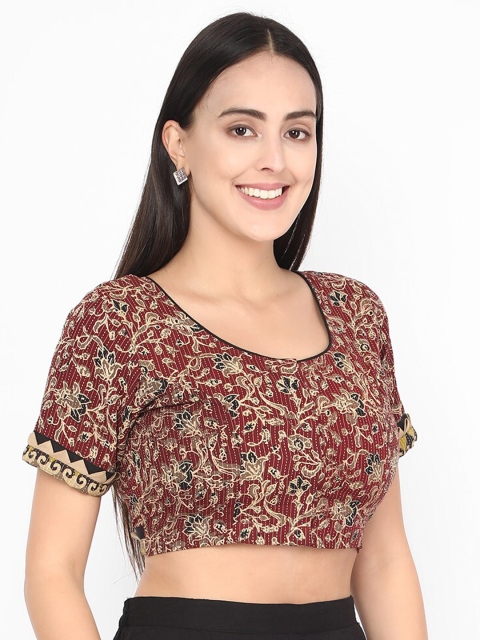 

Molcha Women Maroon & Brown Printed Readymade Ajrak Saree Blouse