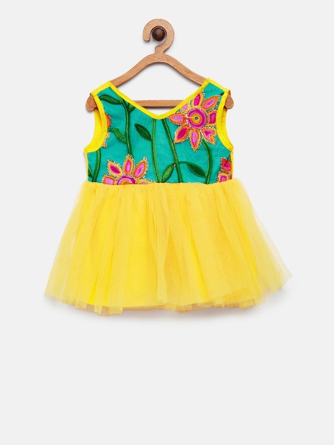 

MANY FROCKS & Girls Green & Yellow Embroidered Fit and Flare Dress