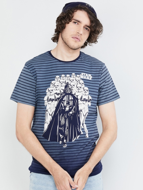 

max Men Blue Striped Round Neck Pure Cotton T-shirt